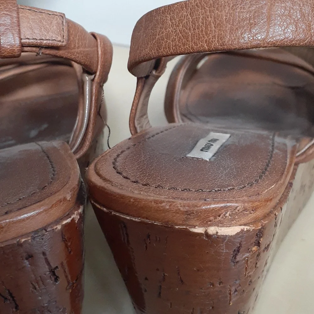 Miu Miu Leather Platform Sandals Shoes Heels Wedge Tan 41